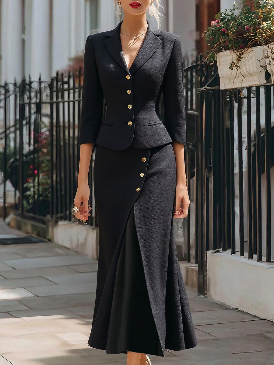 Elegant textured buttoned blazer and midi skirt set for women | Arlisse Noir