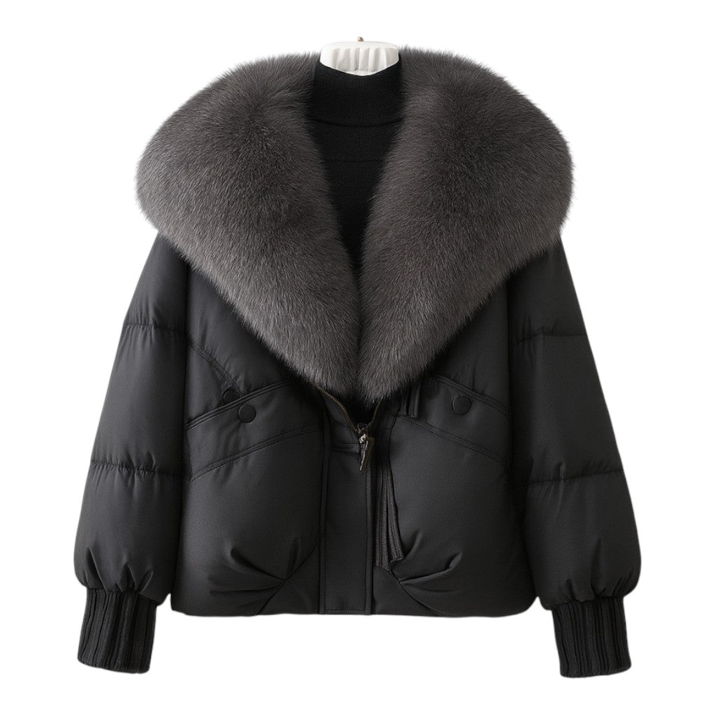 Insulated puffer jacket with oversized faux fur collar for women | Elvara