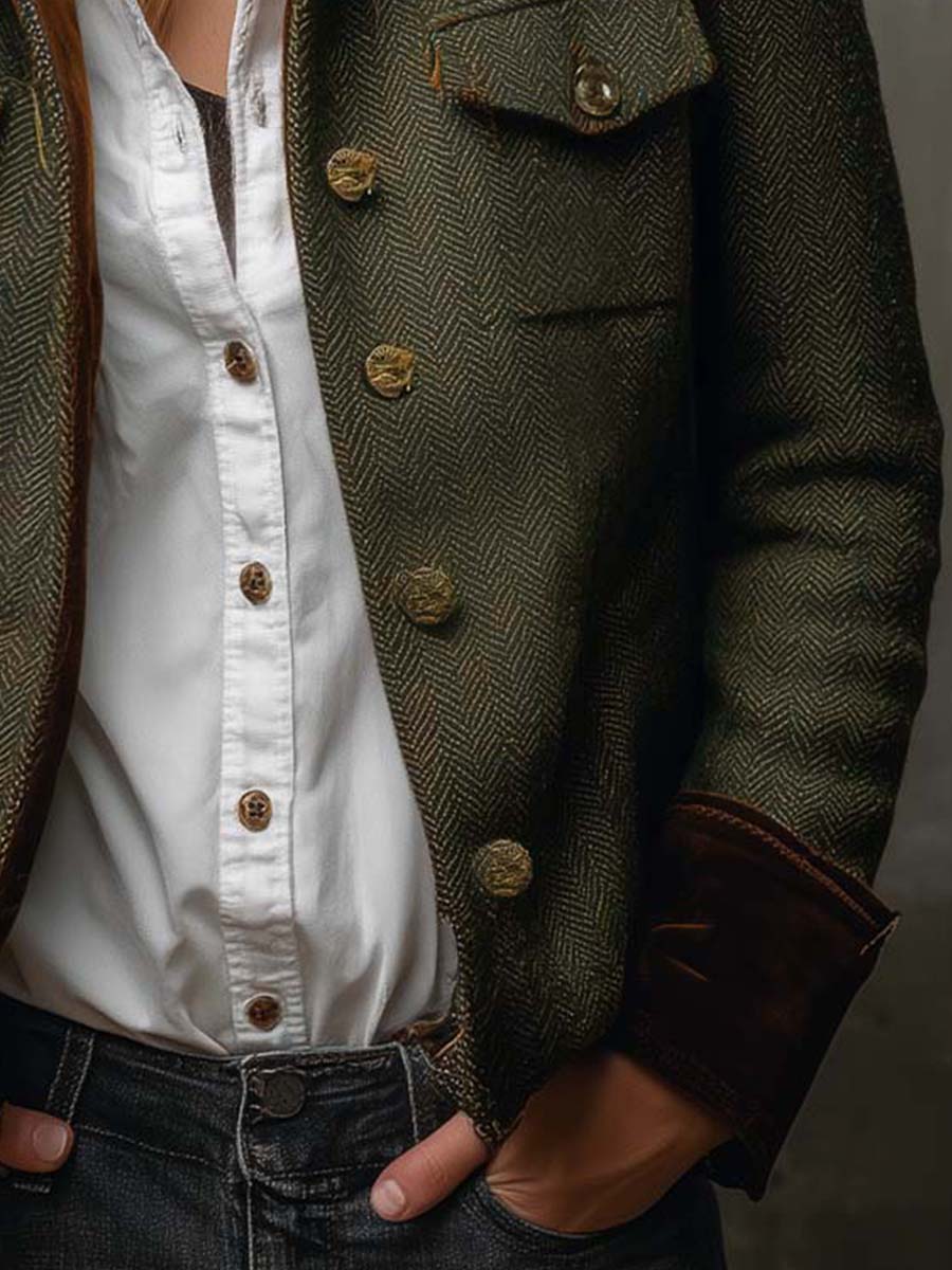 Herringbone tweed blazer with velvet trim for women | Brielle