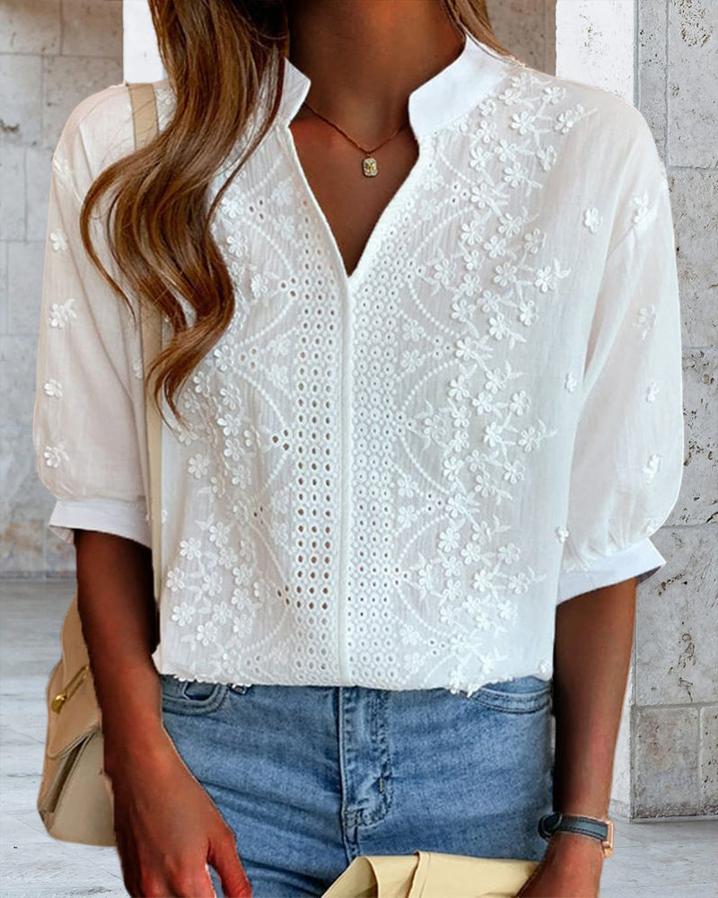 V-neck puff-sleeve patchwork blouse for women | Amélie -8