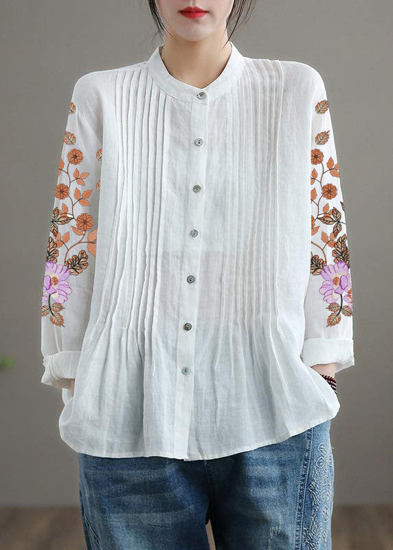 Relaxed stand-collar linen tunic blouse for women -16