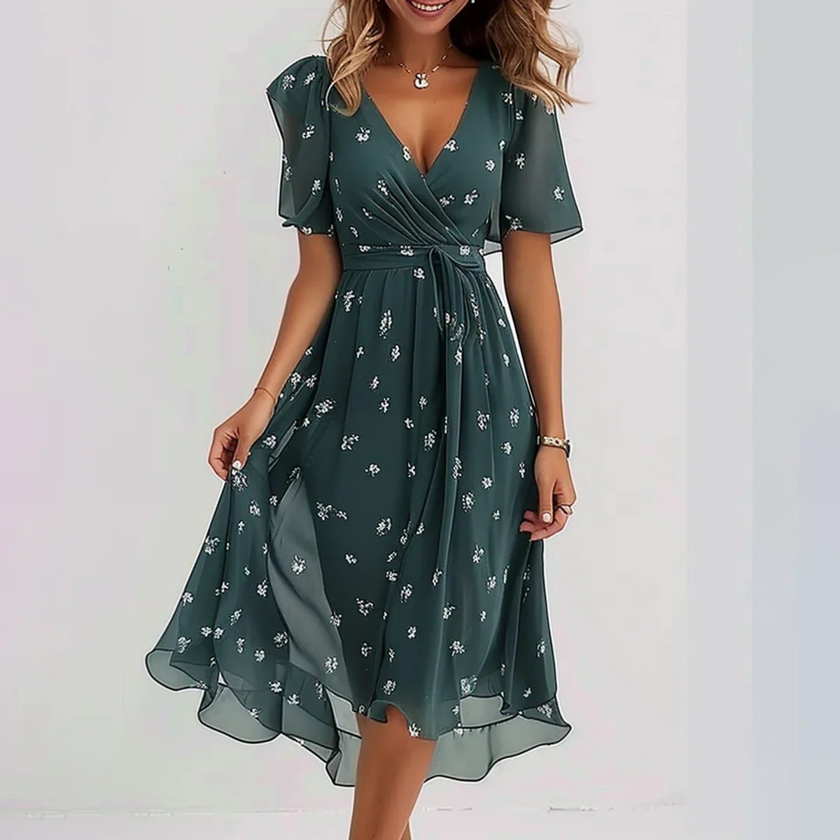 Floral chiffon midi dress with flutter sleeves for women | Elara