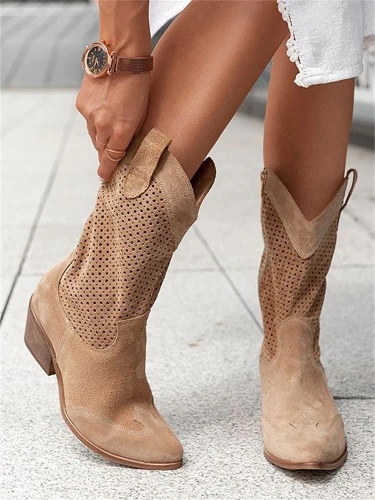 Perforated Western ankle boots with block heel for women | Sierra