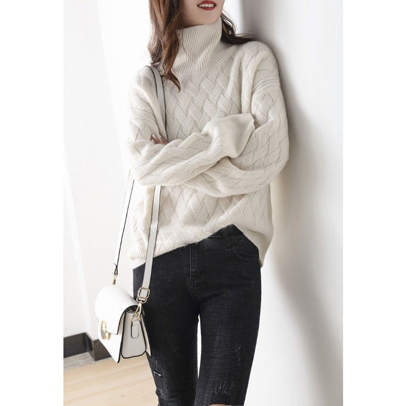 Oversized chevron knit turtleneck sweater with ribbed trim for women | Althea