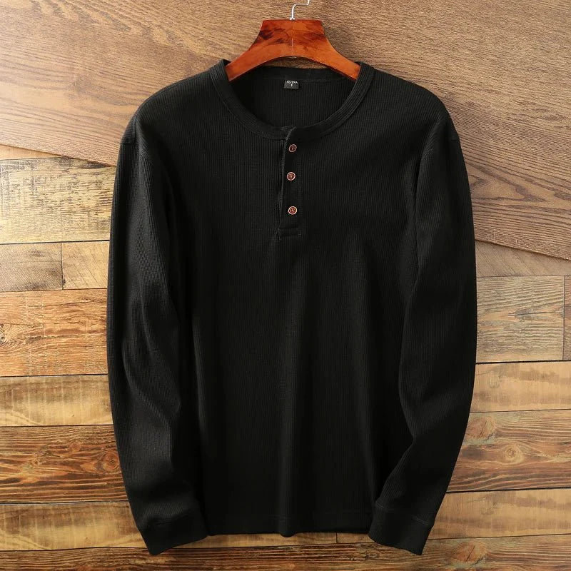 Relaxed fit waffle knit henley long sleeve top for men | Ardin