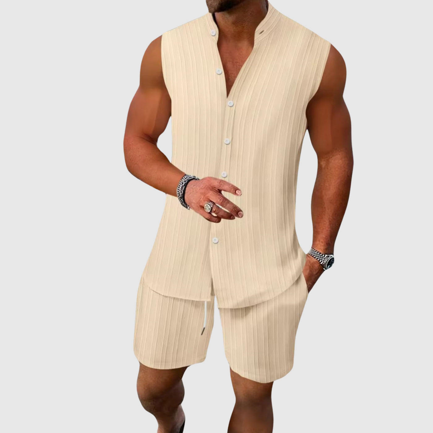 Striped sleeveless vest and drawstring pants set for men | Terraza Soft Duo