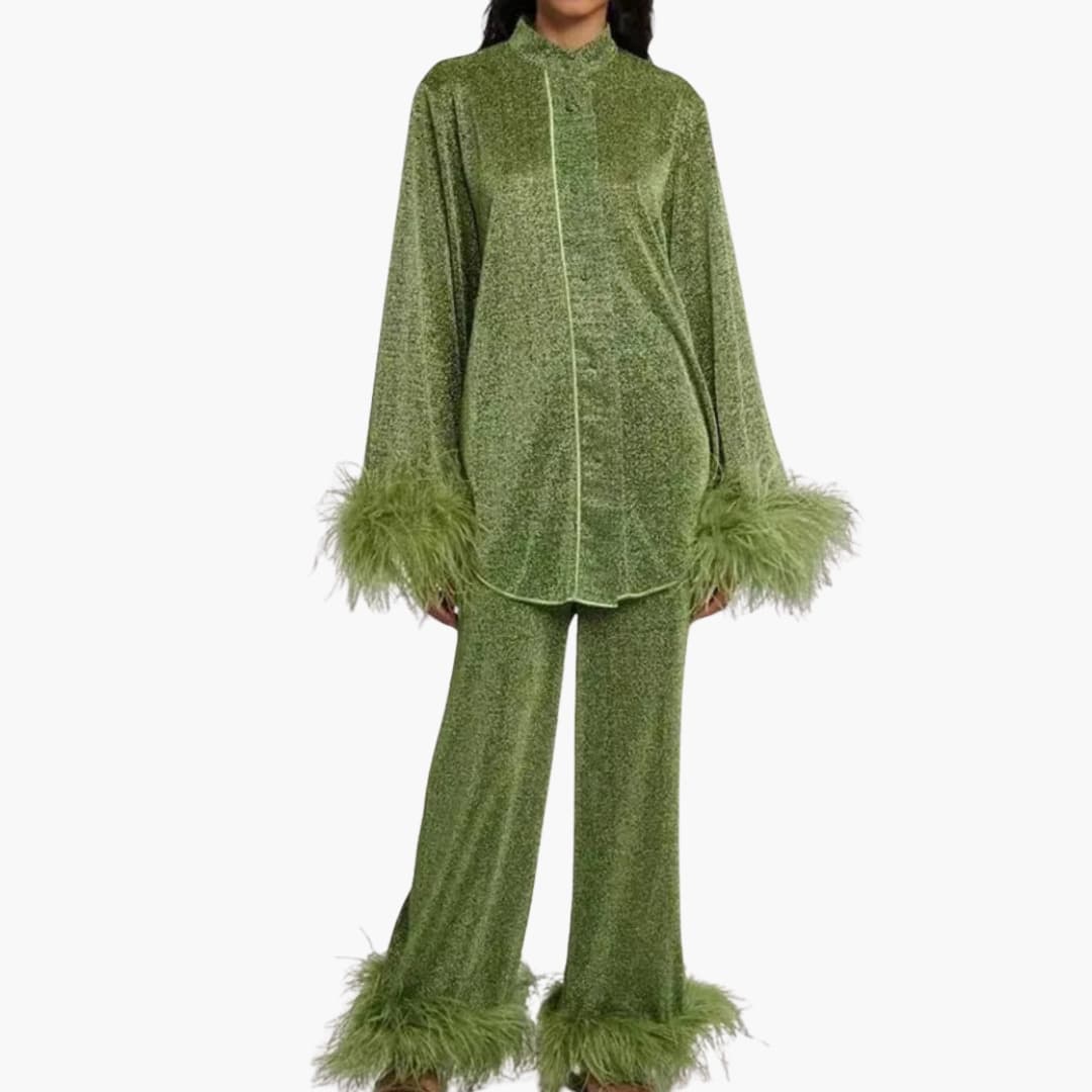 Elegant feather-trim button-front set for women -4