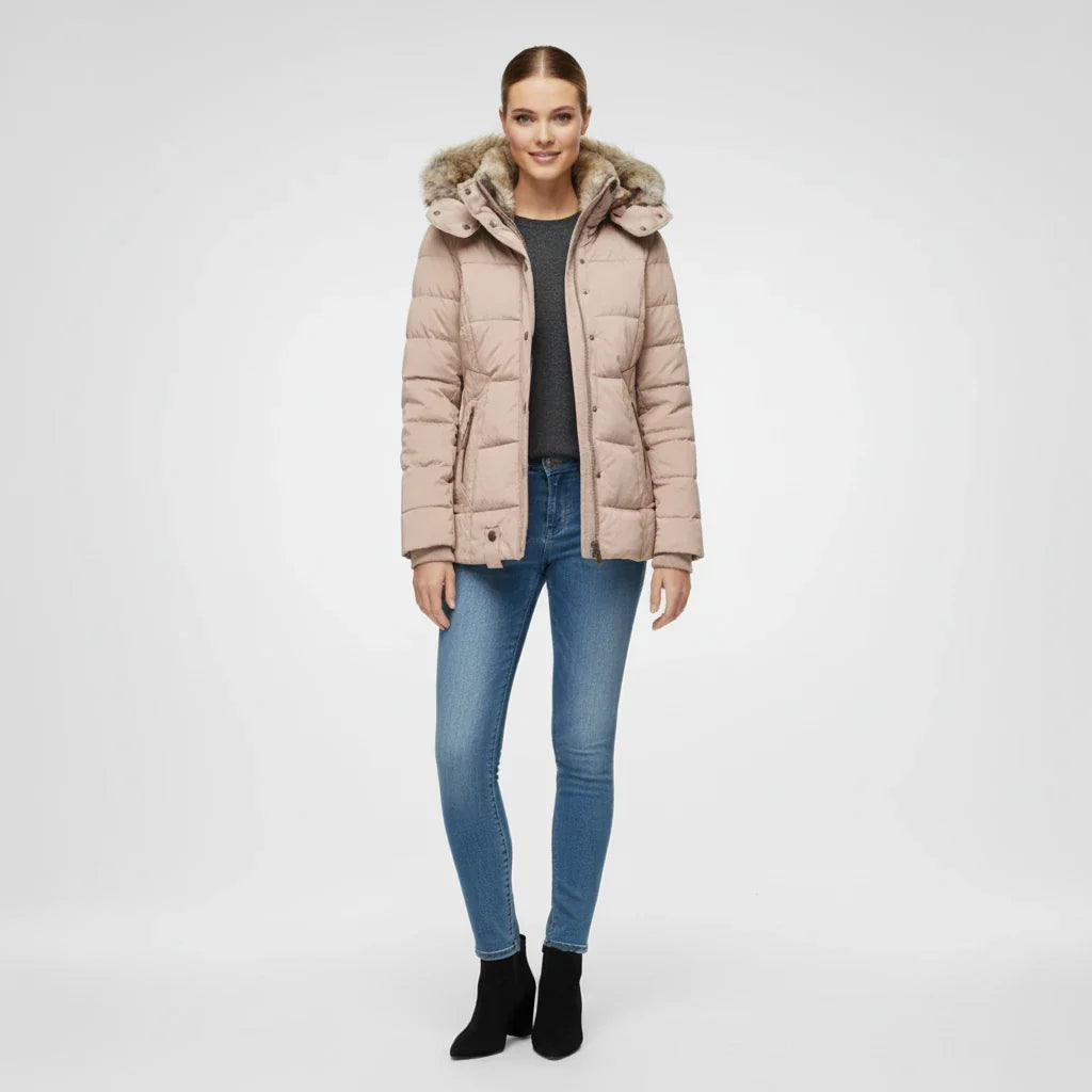 Hooded quilted puffer jacket with fitted silhouette design for women | Aurora