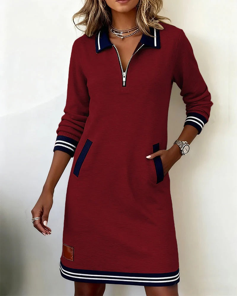 Chic long sleeve straight cut dress with lapel collar for women | Marielle