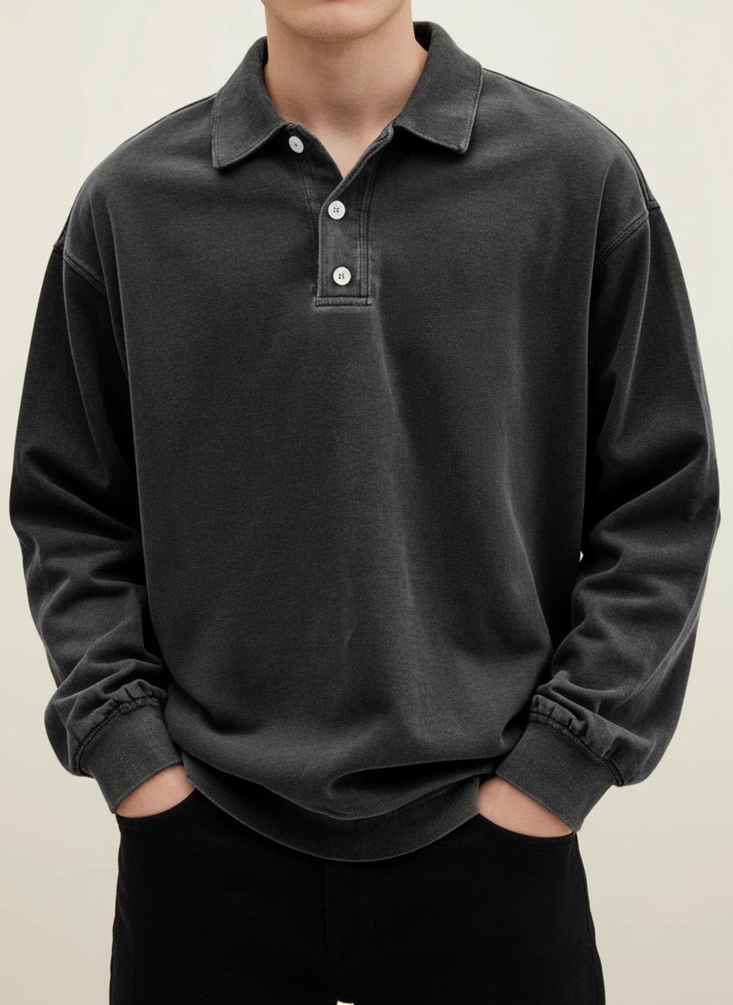 Vintage inspired long sleeve polo shirt with button collar detail for men | Rowan