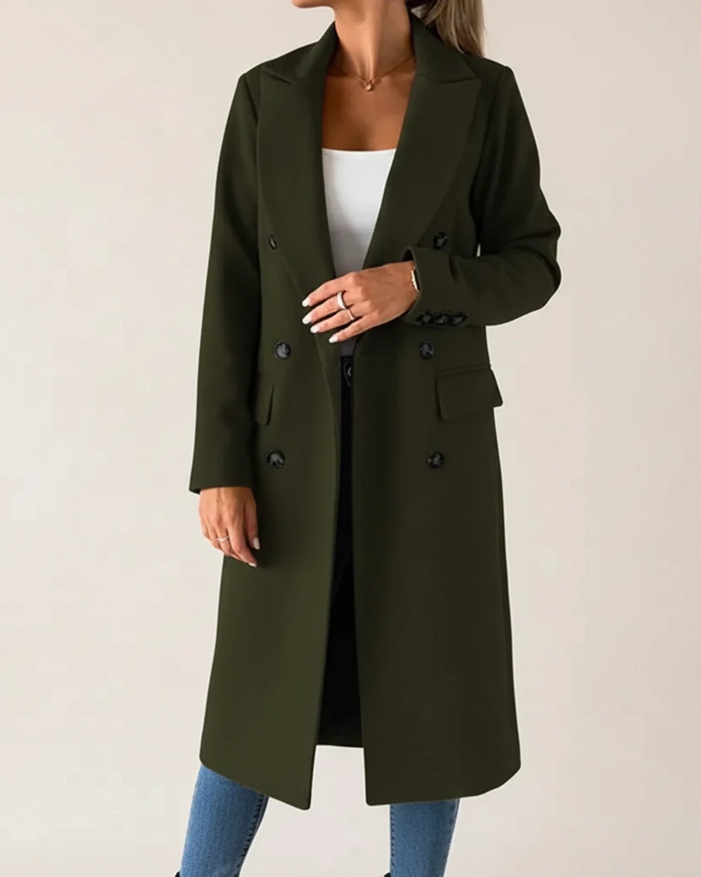 Classic long trench coat with double breasted front detail for women | Amara