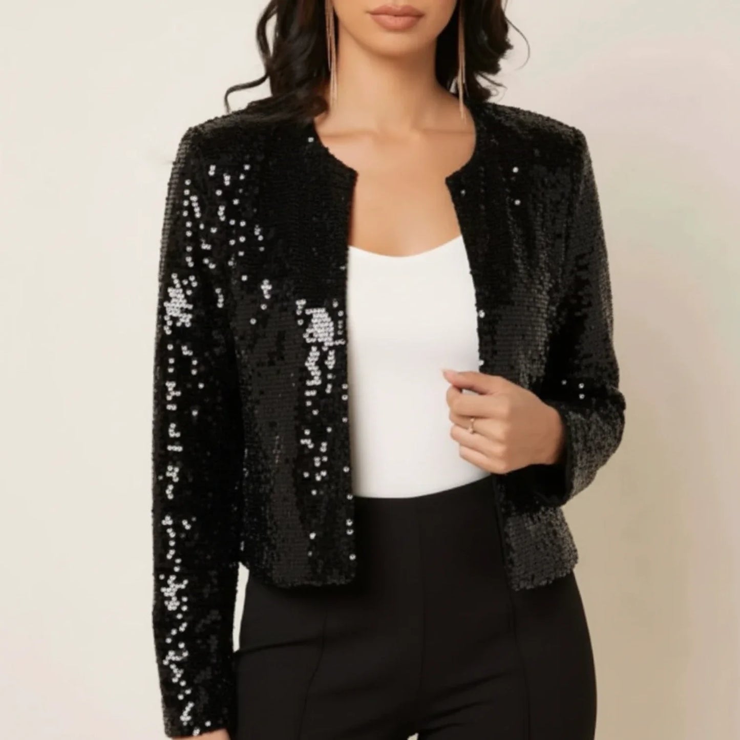 Sequin evening jacket with open front silhouette design for women | Alessia