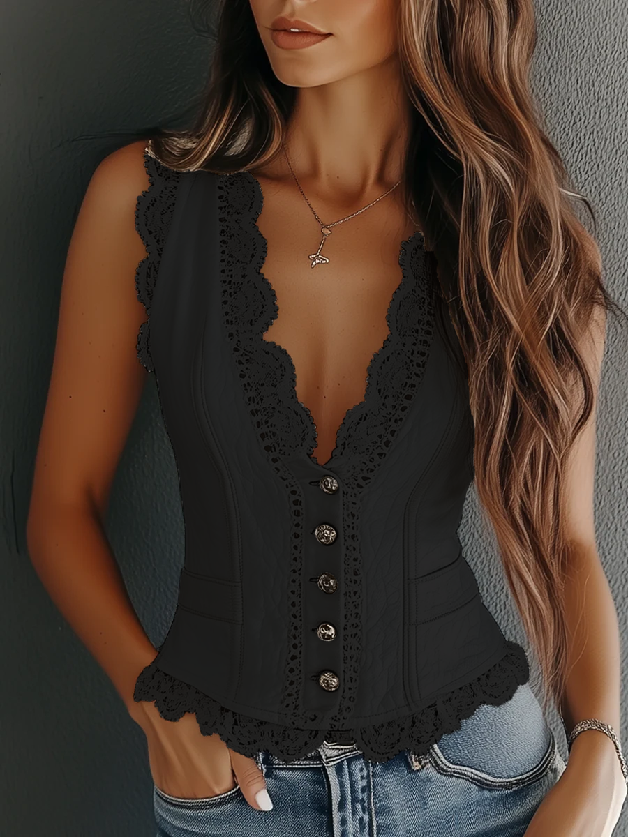 Vintage lace-trim faux leather vest for women -3