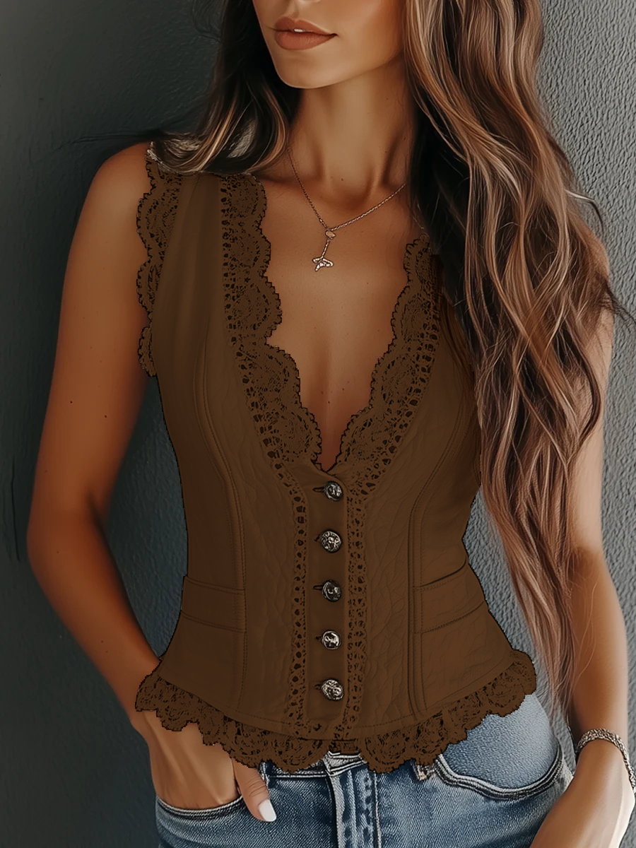 Vintage lace-trim faux leather vest for women -5