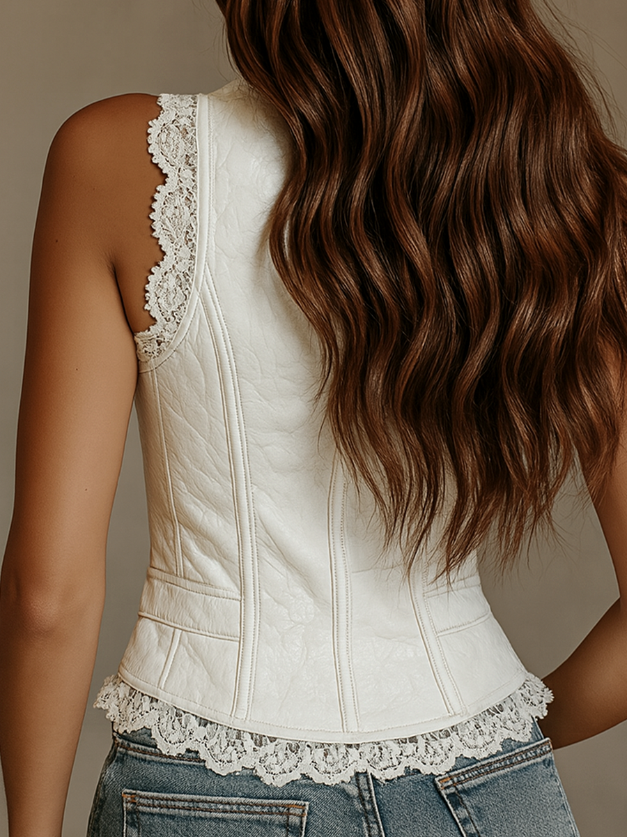 Vintage lace-trim faux leather vest for women -2