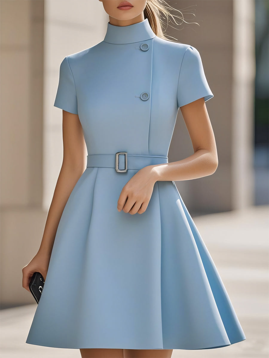 Black High-Neck Dress with Belted Waist for women | Mirevane