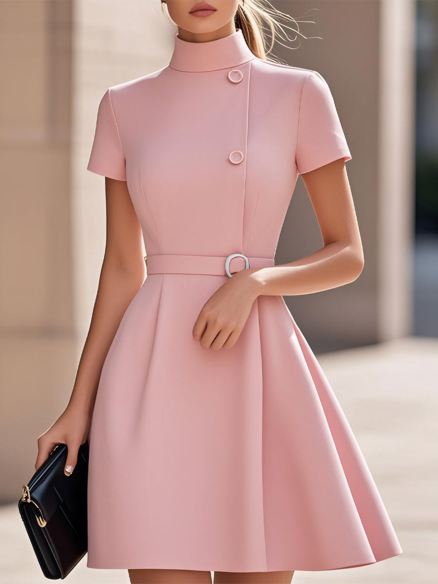 Black High-Neck Dress with Belted Waist for women | Mirevane