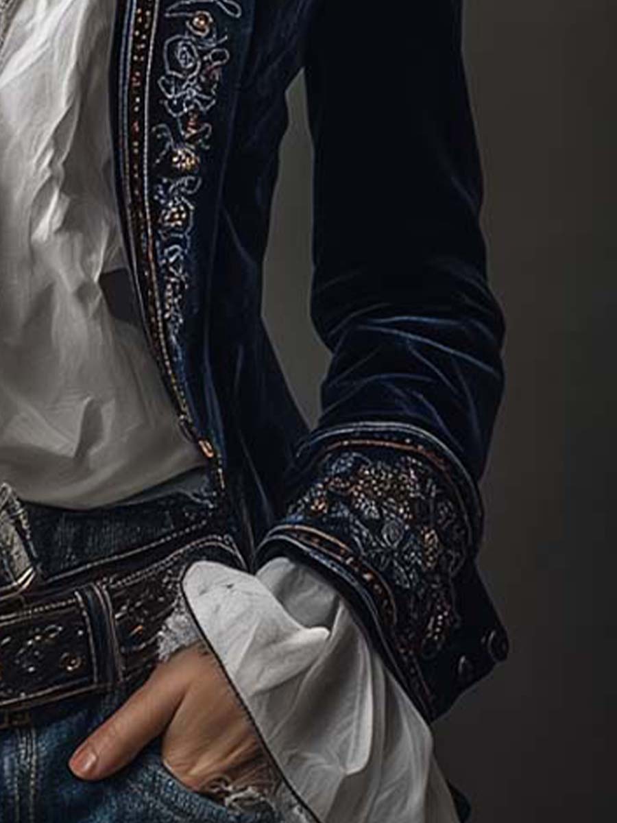Vintage velvet embroidered longline blazer for women -8