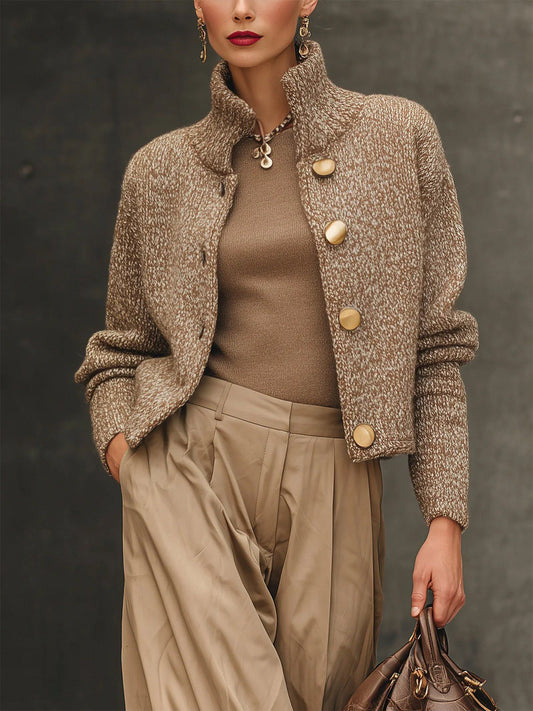 Textured knit jacket with high neckline and statement buttons for women | Josephine