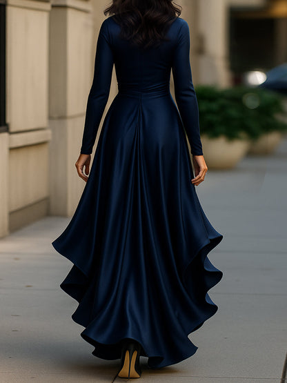 Midnight Blue Draped Maxi Dress with Ruffle Hem for women | Evelisse