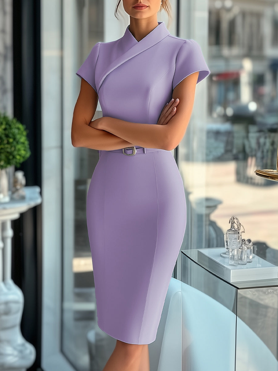 Sleek Sky Blue Asymmetrical Dress with Belt for women | Lumiere Belle