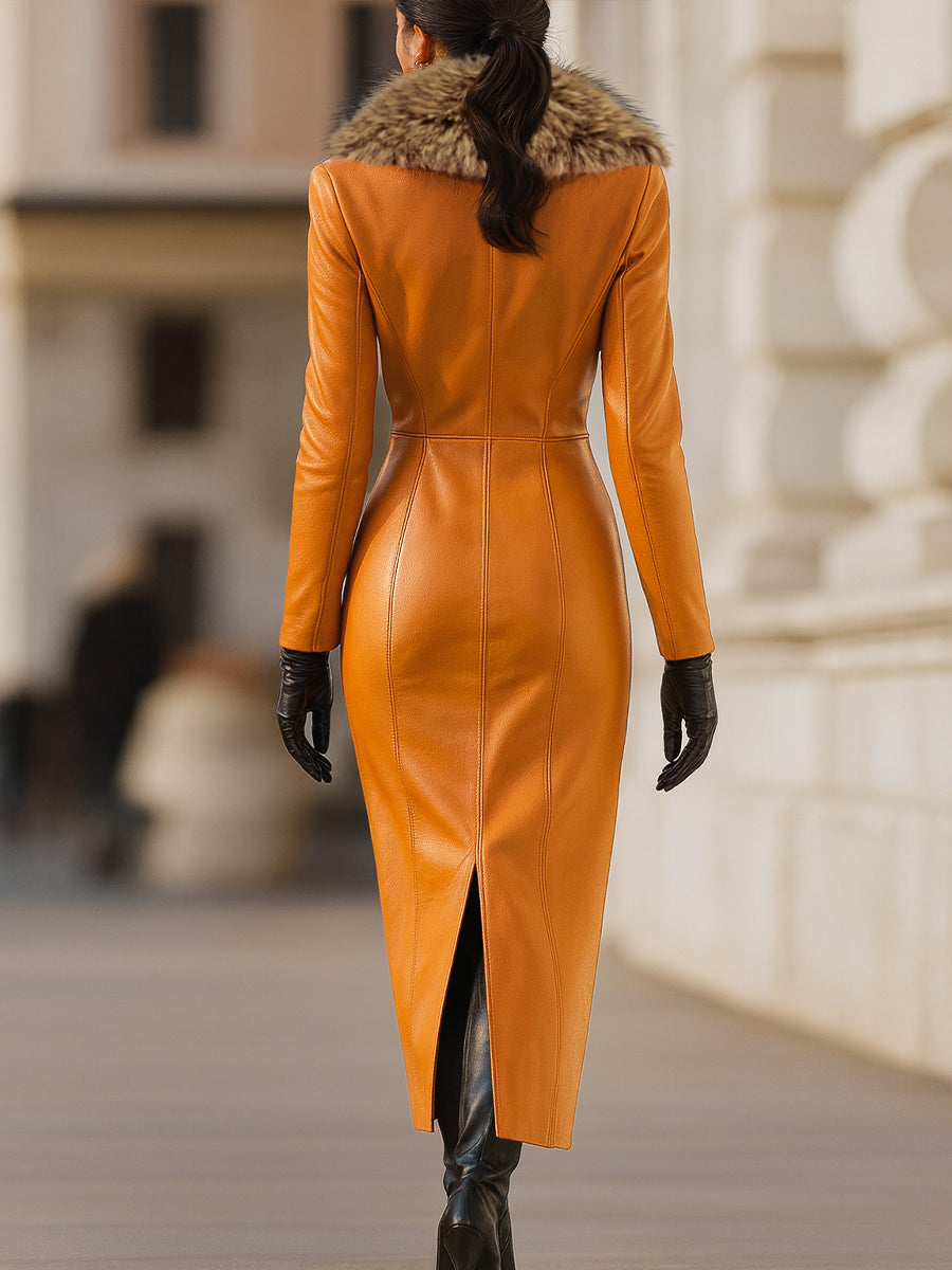 Orange maxi dress with faux fur collar detail for women | Valencia