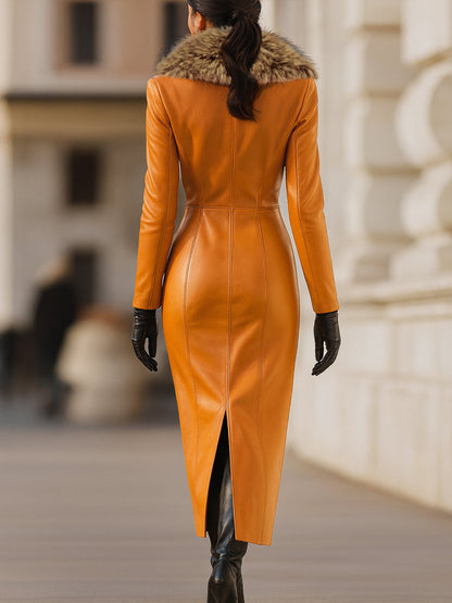 Orange maxi dress with faux fur collar detail for women | Valencia