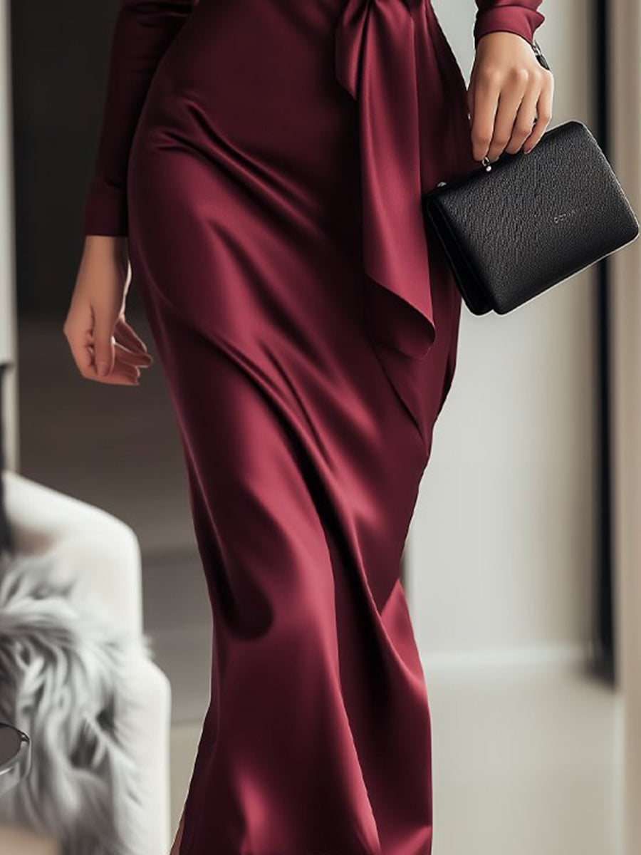 Burgundy Wrap Dress with Waist Tie for women | Selmira