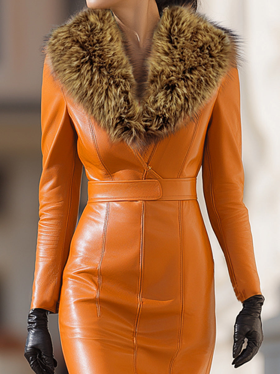 Orange maxi dress with faux fur collar detail for women | Valencia
