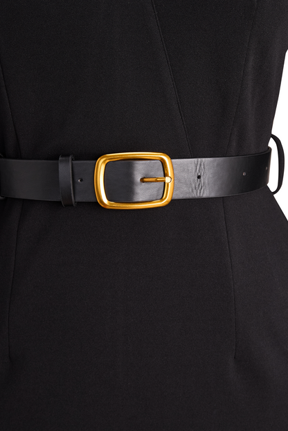 Black Belted Sheath Dress with Mandarin Collar for women | Arvella