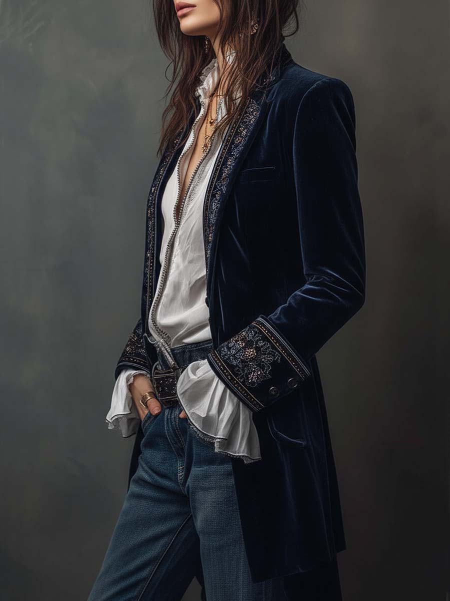 Vintage velvet embroidered longline blazer for women -4