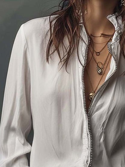 Elegant zip-front flounce-cuff blouse for women -6