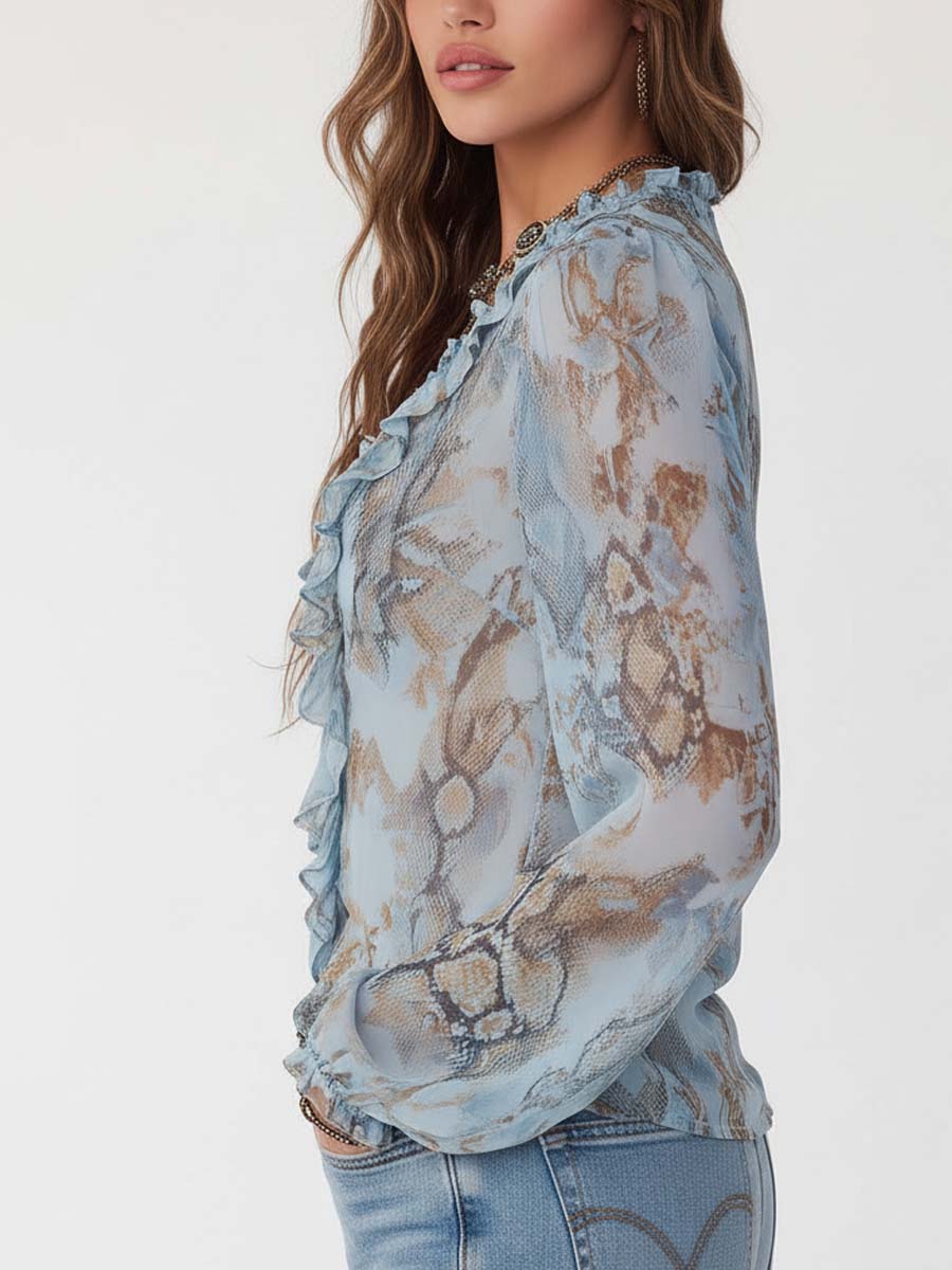Ruffled zip-front print chiffon blouse for women -3