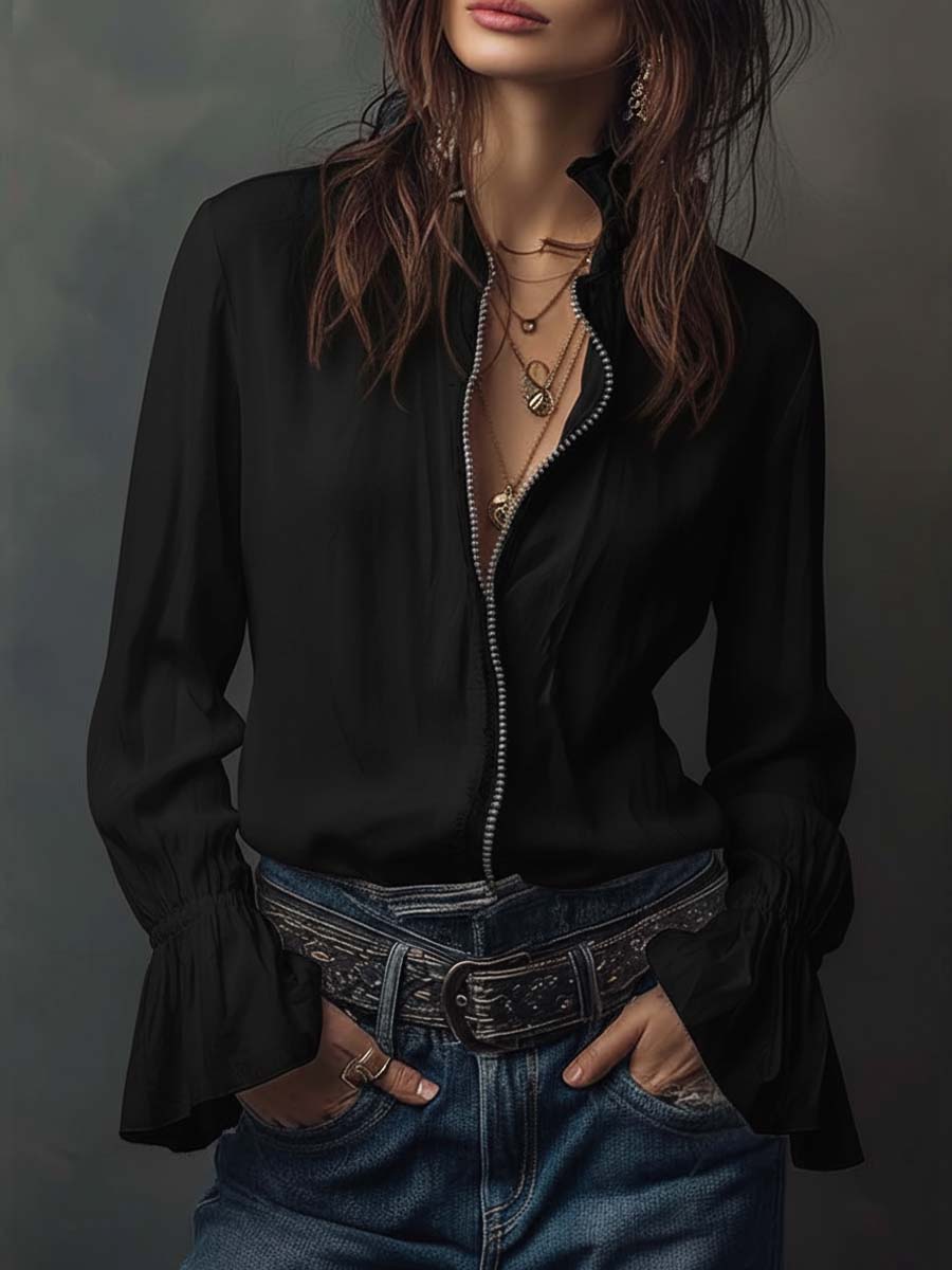 Elegant zip-front flounce-cuff blouse for women -10