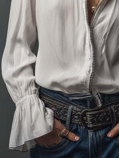Elegant zip-front flounce-cuff blouse for women -5
