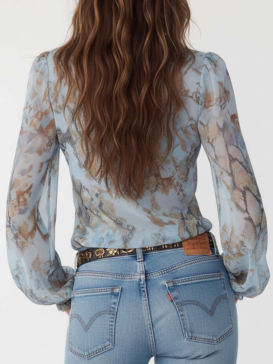 Ruffled zip-front print chiffon blouse for women -4