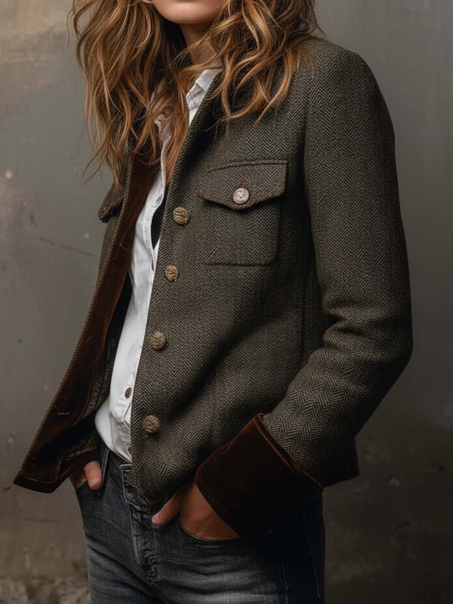 Herringbone tweed blazer with velvet trim for women | Brielle