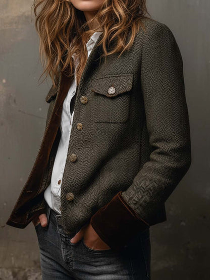 Herringbone tweed blazer with velvet trim for women | Brielle