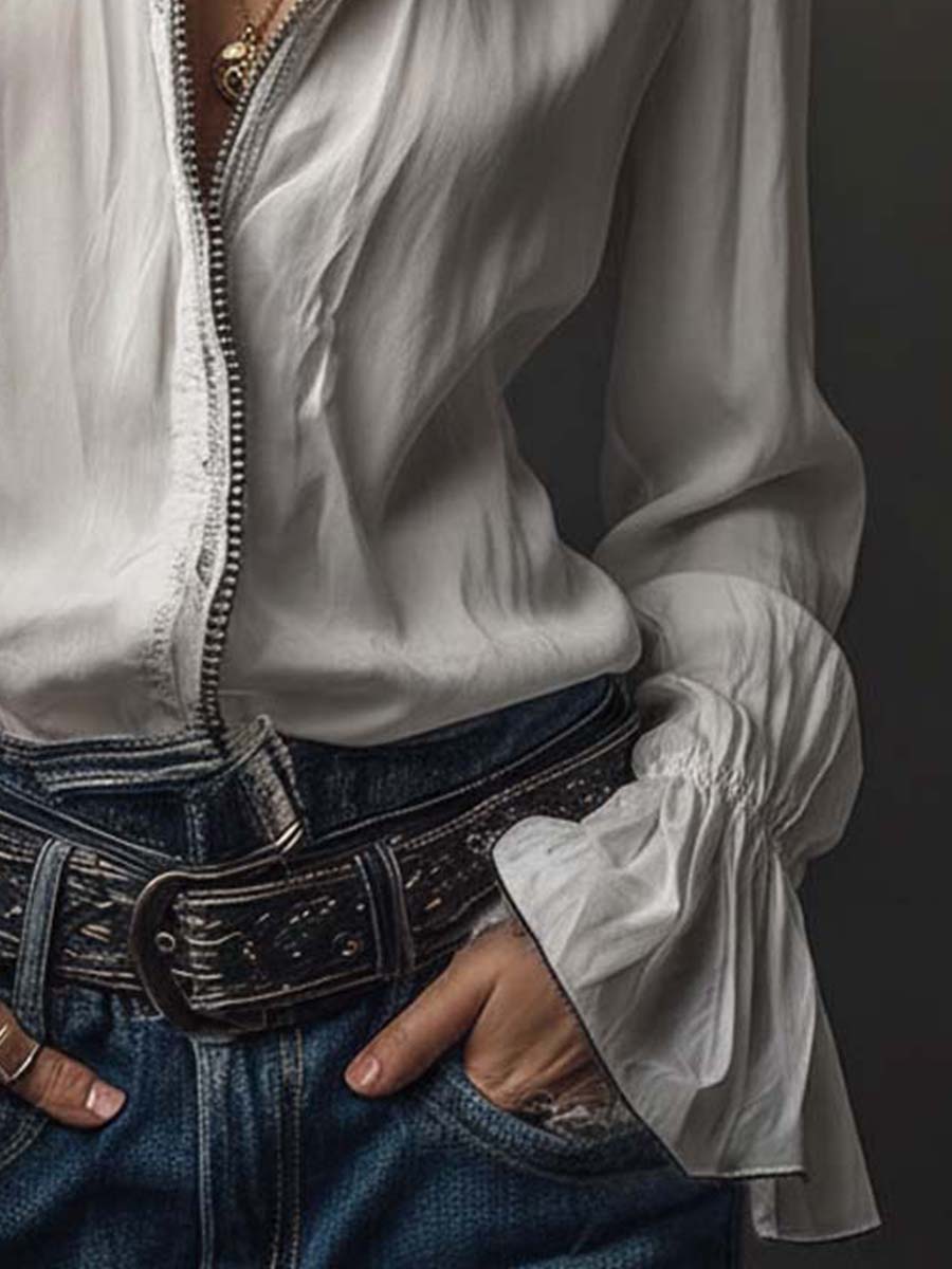 Elegant zip-front flounce-cuff blouse for women -7
