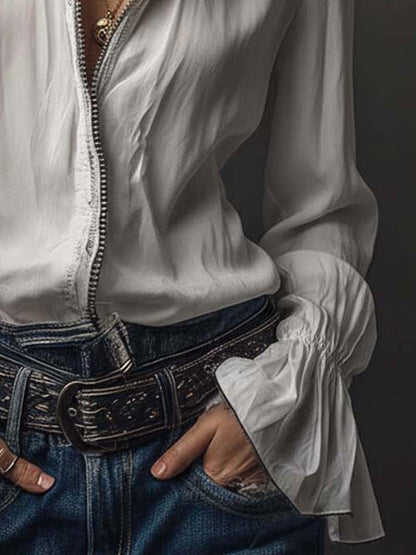 Elegant zip-front flounce-cuff blouse for women -7
