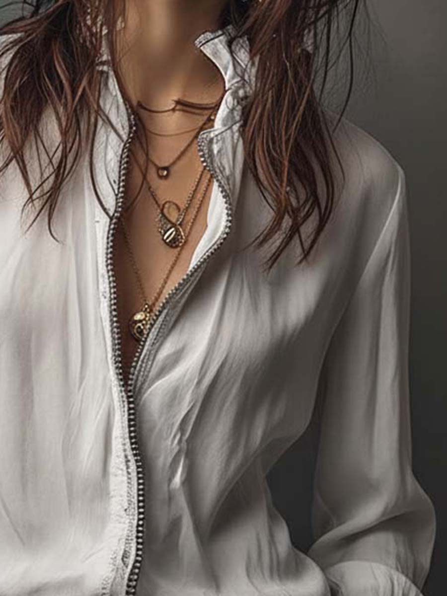 Elegant zip-front flounce-cuff blouse for women -8