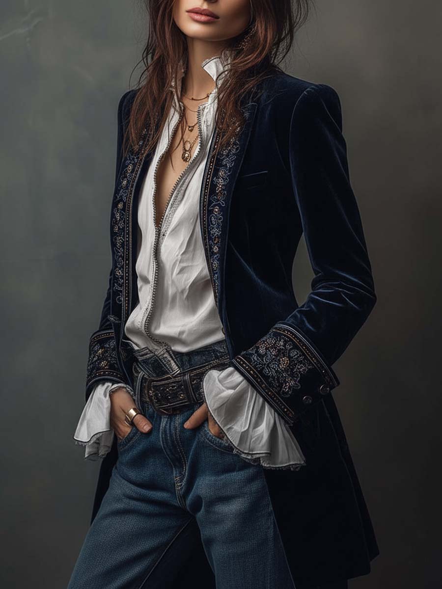 Vintage velvet embroidered longline blazer for women -3