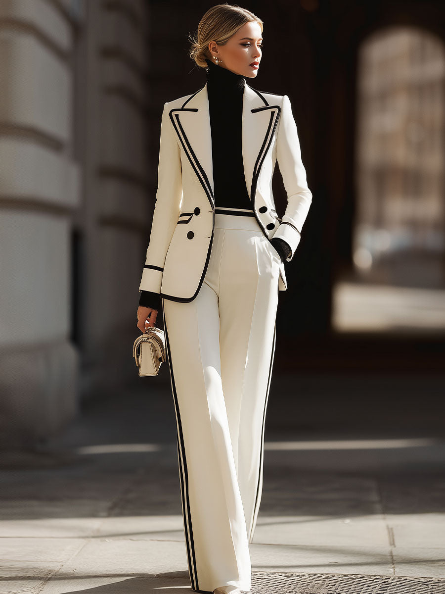 White Contrast-Trim Double-Breasted Suit Set for women | Elvarque