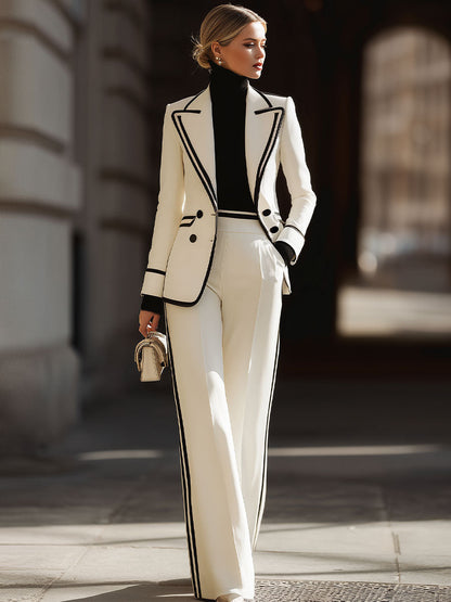 White Contrast-Trim Double-Breasted Suit Set for women | Elvarque
