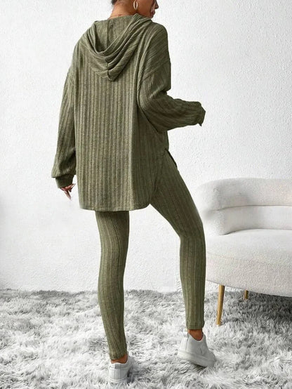 Ribbed knit lounge set with hooded top and high waist leggings for women | Camden