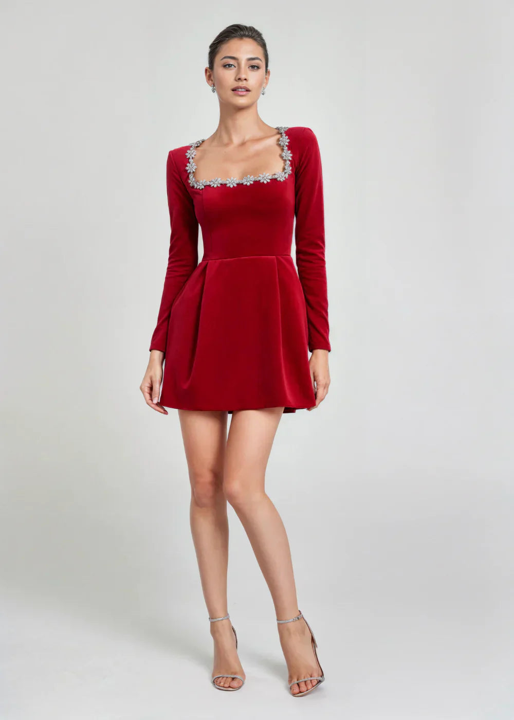 Velvet mini dress with square neckline and flared skirt for women | Willow
