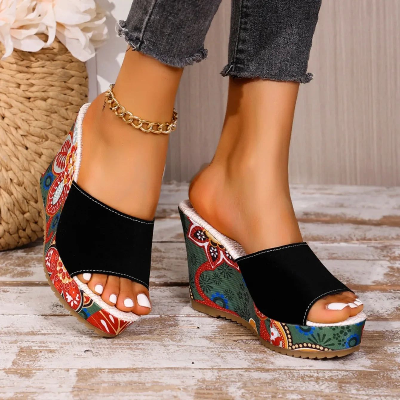 Velvet wedge mule sandal with floral printed heel detail for women | Boheme