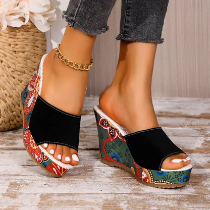 Velvet wedge mule sandal with floral printed heel detail for women | Boheme