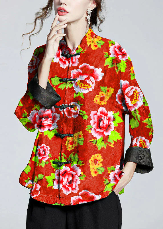 Elegant stand-collar print silk coat for women -8