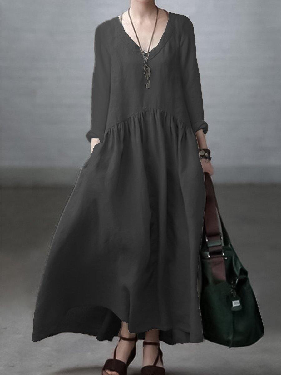 Relaxed v-neck linen casual dress for women -6